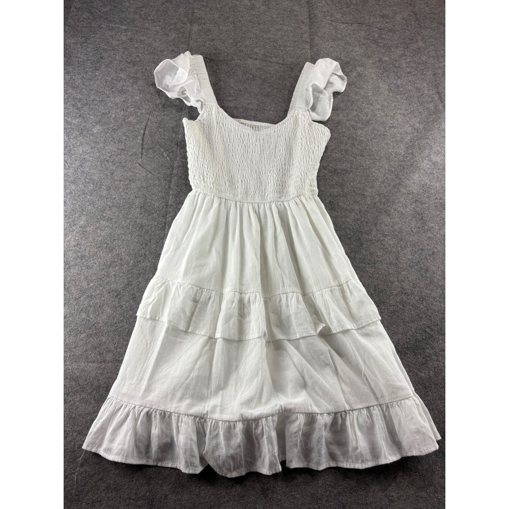 White Flutter Sleeve Smocked Tiered Mini Dress Small Cottagecore Ruffle Skirt